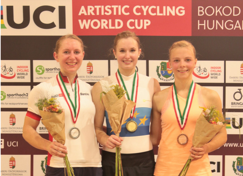 Europameisterin Viola Brand (Mitte) gewann in Bokod im 1er der Frauen vor der Weltcup-Führenden Milena Slupina (li.) und Mattea Eckstein. Foto: Wilfried Schwarz