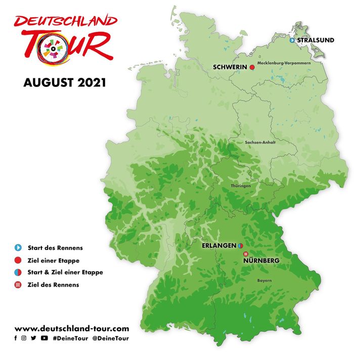 Die bereits bekannten Etappenorte der Deutschland-Tour 2021. Grafik: A.S.O.