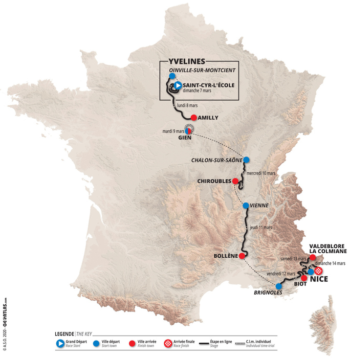 Die Strecke von Paris-Nizza 2021. Grafik: ASO