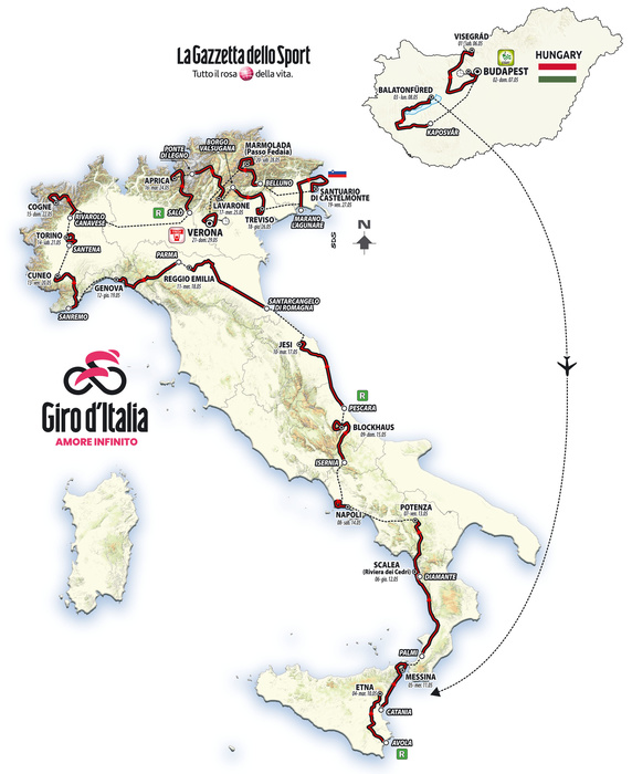 Die komplette Strecke des Giro d'Italia 2022. Grafik: RCS Sport